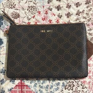 Nine West Brown Logo-Print Wristlet with Gold Hardware